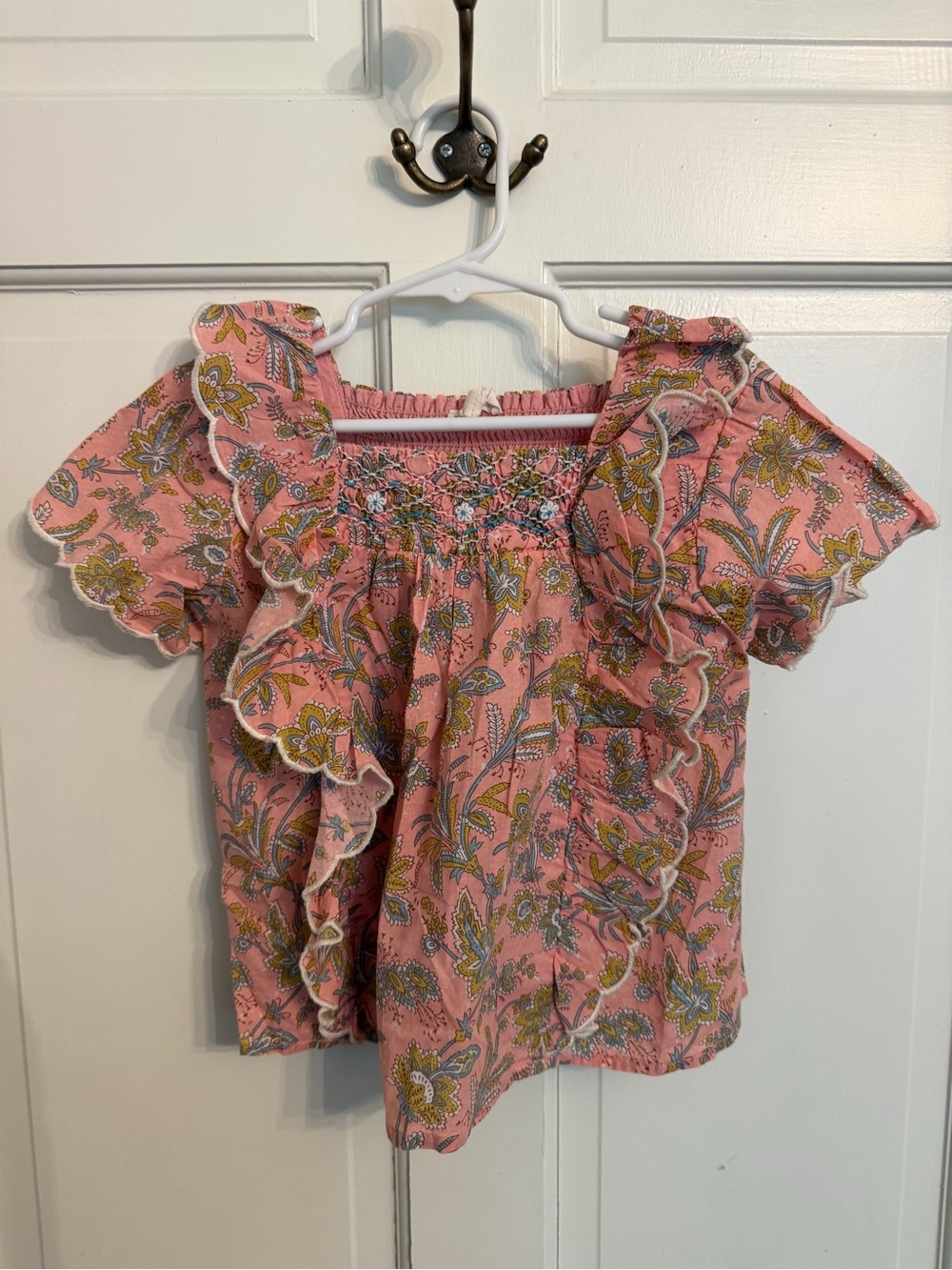 Girls Pink Floral Ruffle Short-Sleeve Blouse